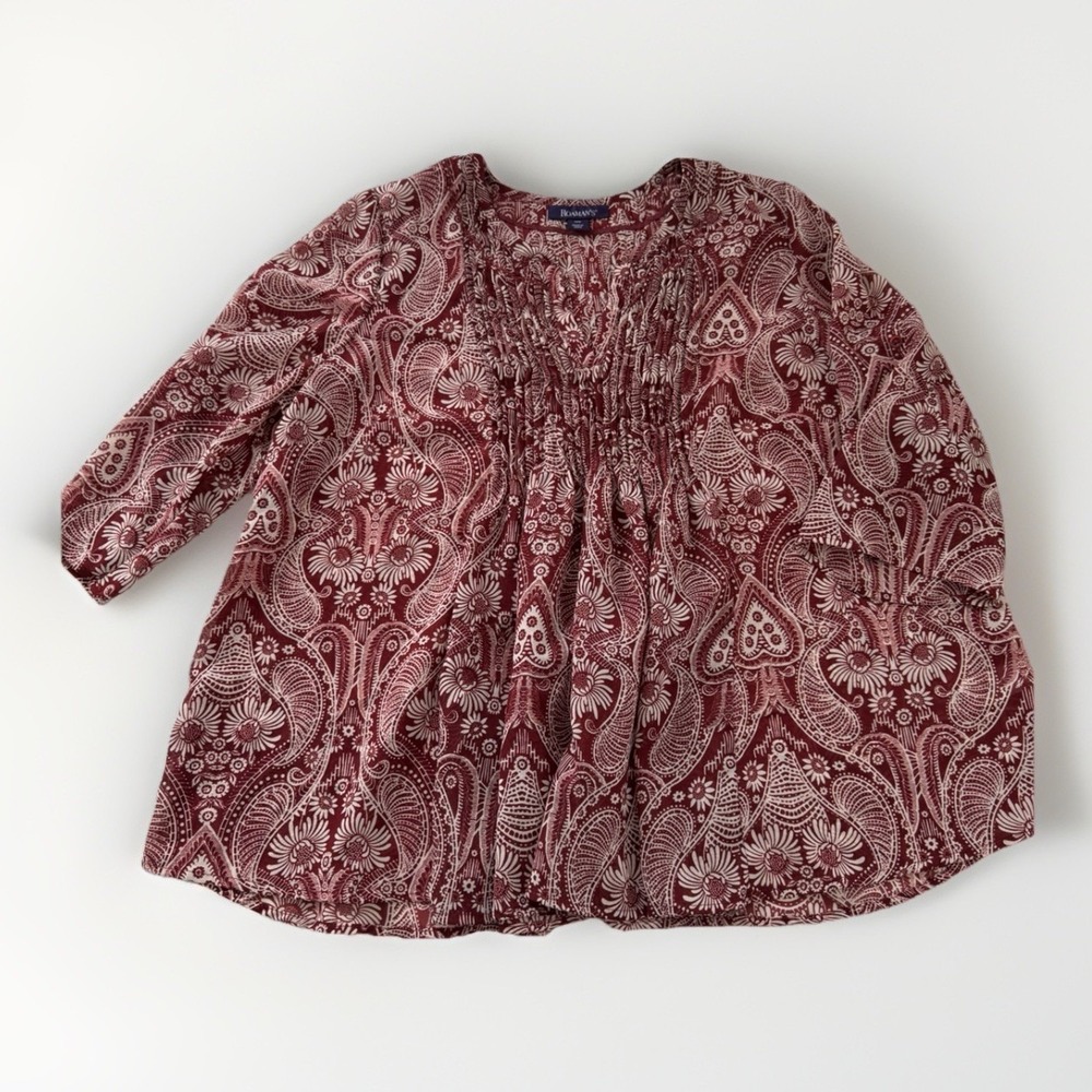 Roaman's 18W Sheer Boho Peasant Blouse Paisley Floral‎ Maroon